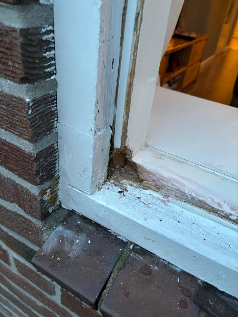 Afbeelding van houtrot in een kozijn